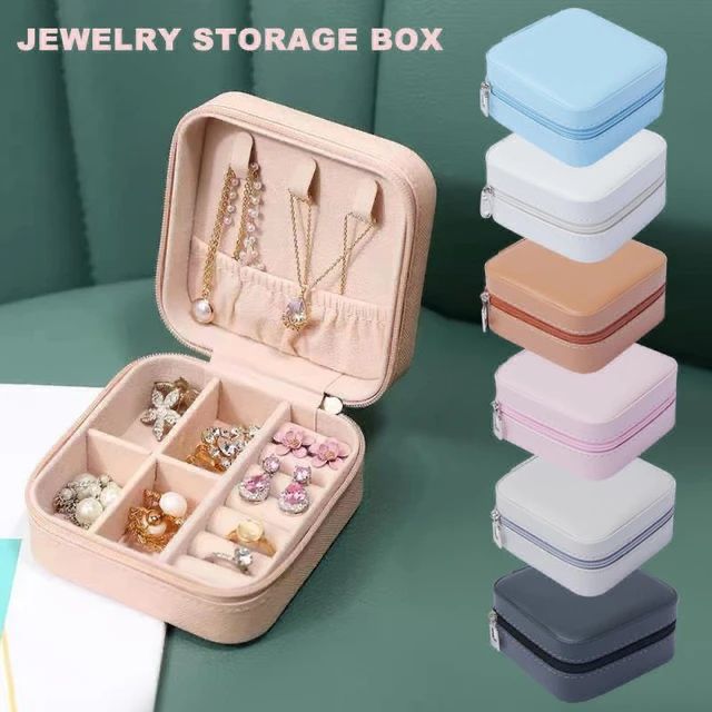 Leather Jewelry Organizer Box with Zipper  Ear Rings & Necklace Bracelets Holder